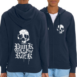 Sweat femme zippé à capuche coton bio bleu marine Punk Rock Never Ends (Têtes de morts,Rock & Punk)
