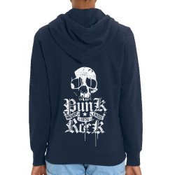 Sweat femme zippé à capuche coton bio bleu marine Punk Rock Never Ends (Têtes de morts,Rock & Punk)