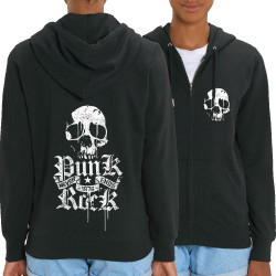 Sweat femme zippé à capuche coton bio noir Punk Rock Never Ends (Têtes de morts,Rock & Punk)