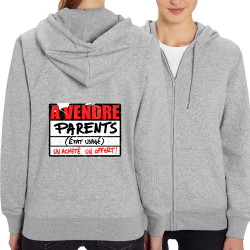 Sweat femme zippé à capuche coton bio gris chiné A vendre parents (Gondrax,Humour)