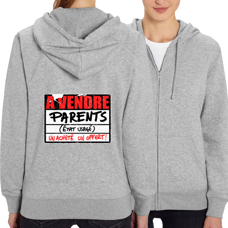Sweat femme zippé à capuche coton bio gris chiné A vendre parents (Gondrax,Humour)