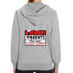 Sweat femme zippé à capuche coton bio gris chiné A vendre parents (Gondrax,Humour)