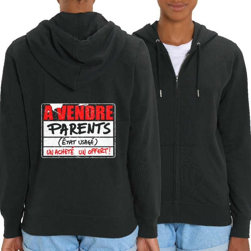 Sweat femme zippé à capuche coton bio noir A vendre parents (Gondrax,Humour)