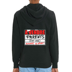 Sweat femme zippé à capuche coton bio noir A vendre parents (Gondrax,Humour)