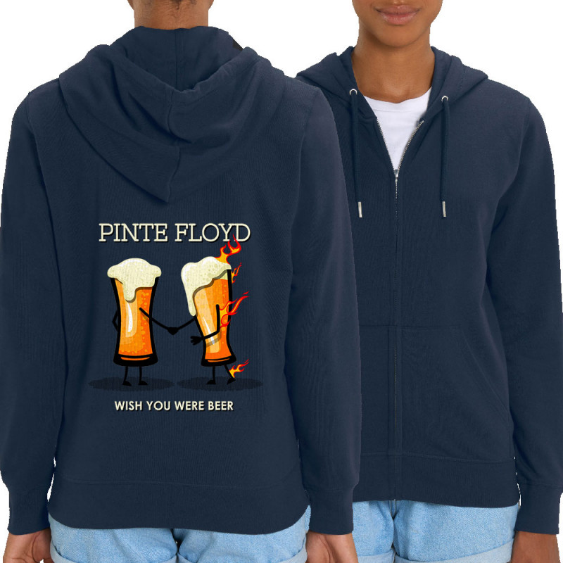 Sweat femme zippé à capuche coton bio bleu marine Pinte Floyd (Gondrax,Alcool,Humour)