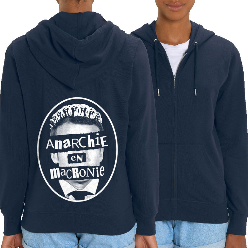 Sweat femme zippé à capuche coton bio bleu marine Anarchie en Macronie (Gondrax,Slogans engagés,Humour)