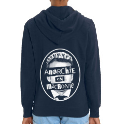 Sweat femme zippé à capuche coton bio bleu marine Anarchie en Macronie (Gondrax,Slogans engagés,Humour)