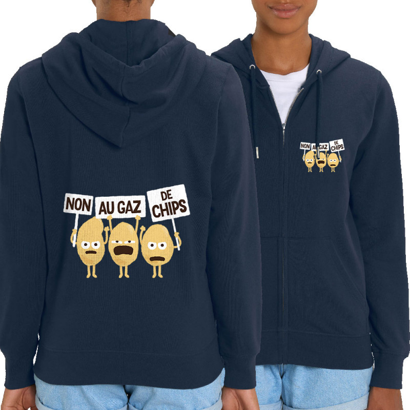 Sweat femme zippé à capuche coton bio bleu marine Non au gaz de chips (Alex Kidd,Humour,Fruits & Légumes)