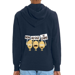 Sweat femme zippé à capuche coton bio bleu marine Non au gaz de chips (Alex Kidd,Humour,Fruits & Légumes)
