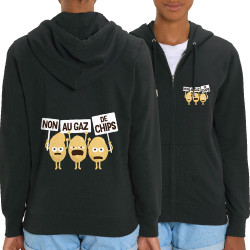Sweat femme zippé à capuche coton bio noir Non au gaz de chips (Alex Kidd,Humour,Fruits & Légumes)