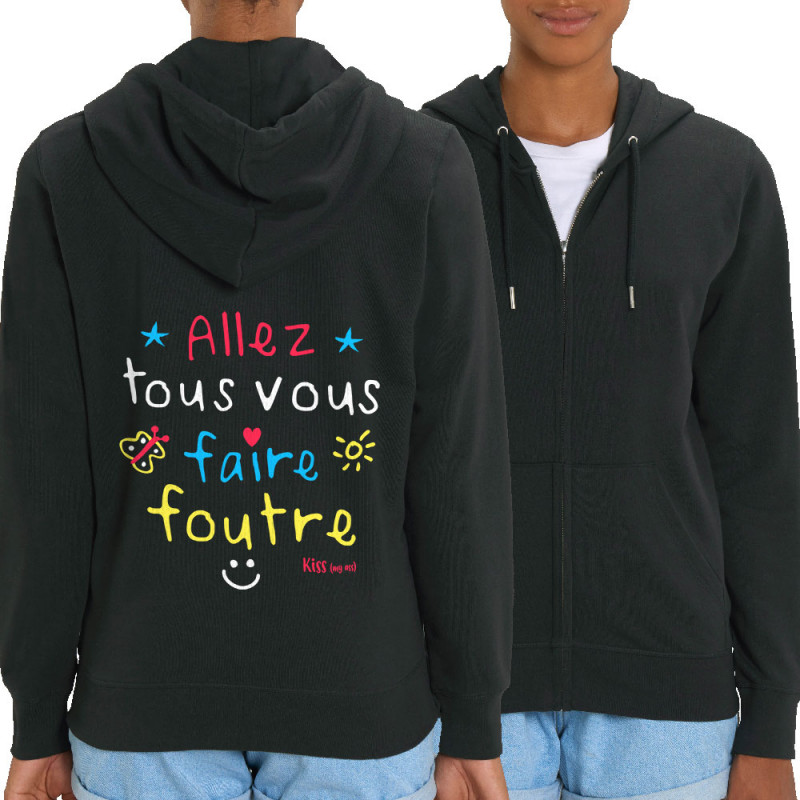 Sweat femme zippé à capuche coton bio noir Allez tous vous faire foutre (Le Duc,Slogans Débiles)