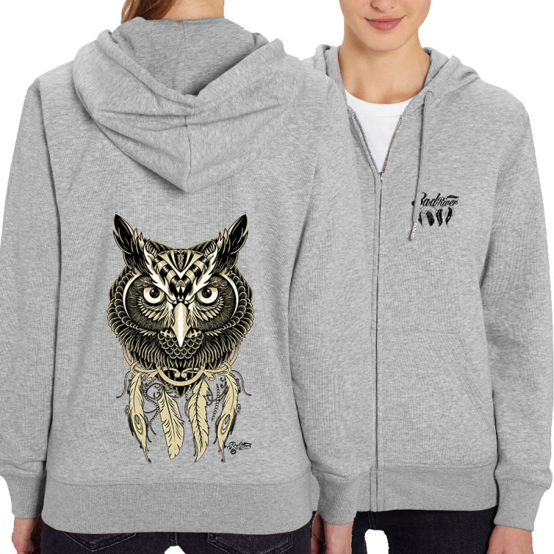 Sweat femme zippé à capuche coton bio gris chiné Bad River - Little Owl (Bad River,Animaux,Ethnique)