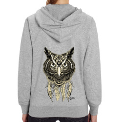 Sweat femme zippé à capuche coton bio gris chiné Bad River - Little Owl (Bad River,Animaux,Ethnique)