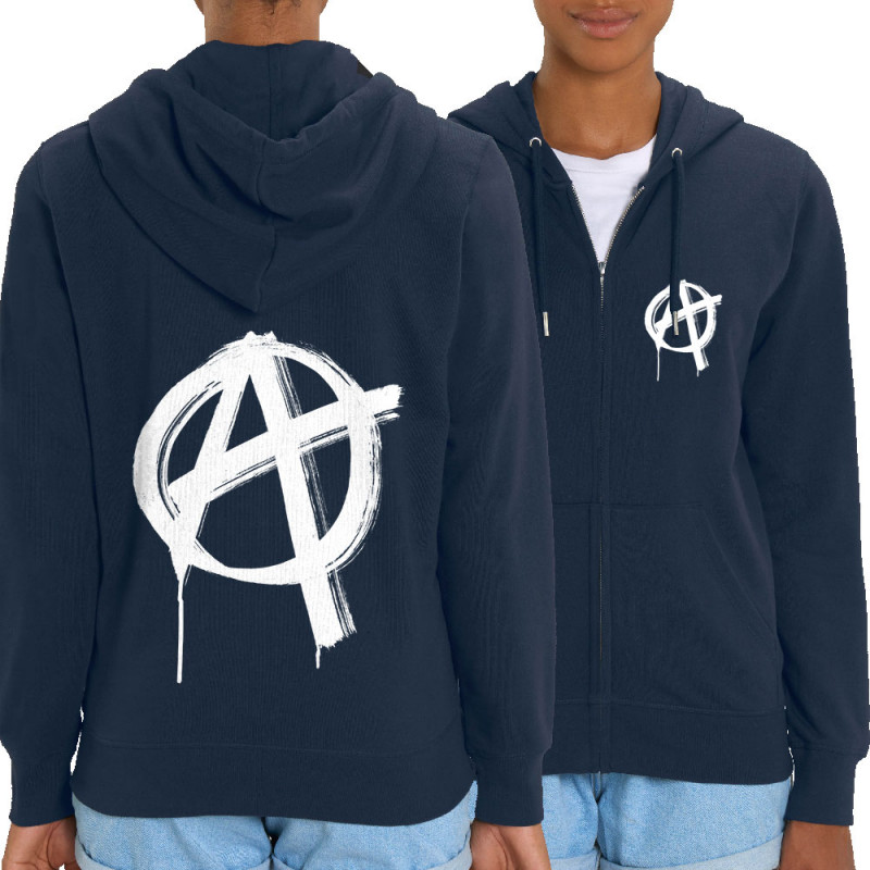 Sweat femme zippé à capuche coton bio bleu marine Anarchy (Gondrax,Slogans engagés,Rock & Punk)