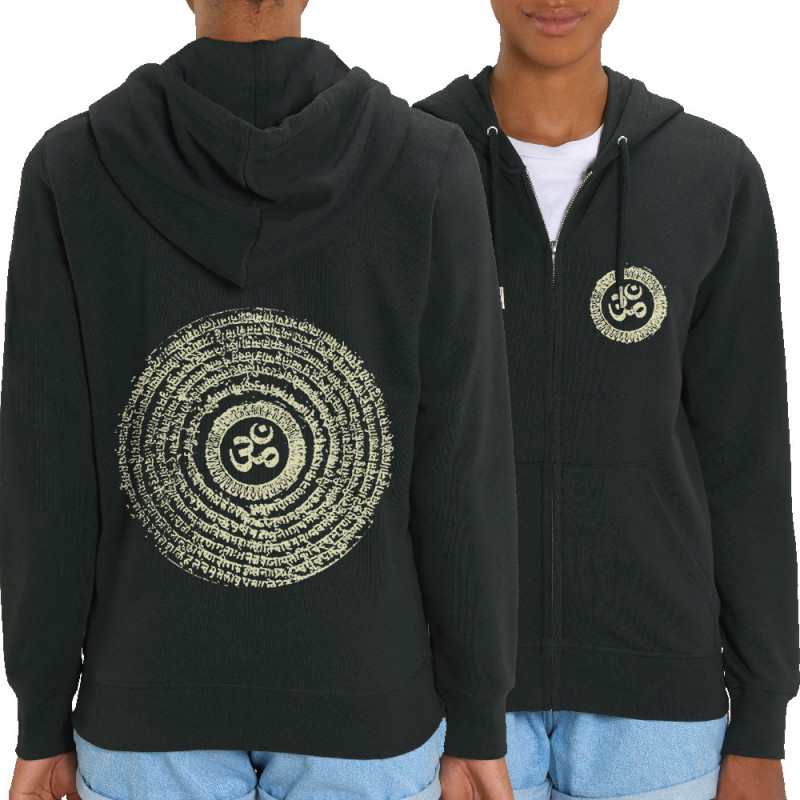 Sweat femme zippé à capuche coton bio noir Ohm Spiral (Ethnique,teufeur)