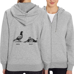 Sweat femme zippé à capuche coton bio gris chiné Pigeon Pigeoff (Gondrax,Les Bébêtes,Humour,Animaux)