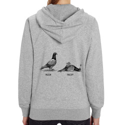 Sweat femme zippé à capuche coton bio gris chiné Pigeon Pigeoff (Gondrax,Les Bébêtes,Humour,Animaux)