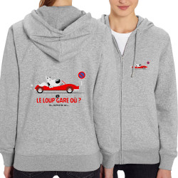 Sweat femme zippé à capuche coton bio gris chiné Le Loup se gare où (Pandaluna,Animaux,Humour)