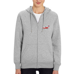 Sweat femme zippé à capuche coton bio gris chiné Le Loup se gare où (Pandaluna,Animaux,Humour)