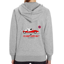 Sweat femme zippé à capuche coton bio gris chiné Le Loup se gare où (Pandaluna,Animaux,Humour)