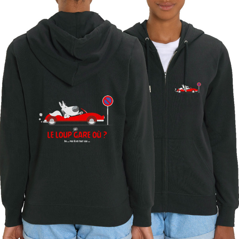 Sweat femme zippé à capuche coton bio noir Le Loup se gare où (Pandaluna,Animaux,Humour)