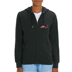 Sweat femme zippé à capuche coton bio noir Le Loup se gare où (Pandaluna,Animaux,Humour)
