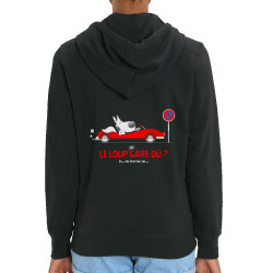 Sweat femme zippé à capuche coton bio noir Le Loup se gare où (Pandaluna,Animaux,Humour)
