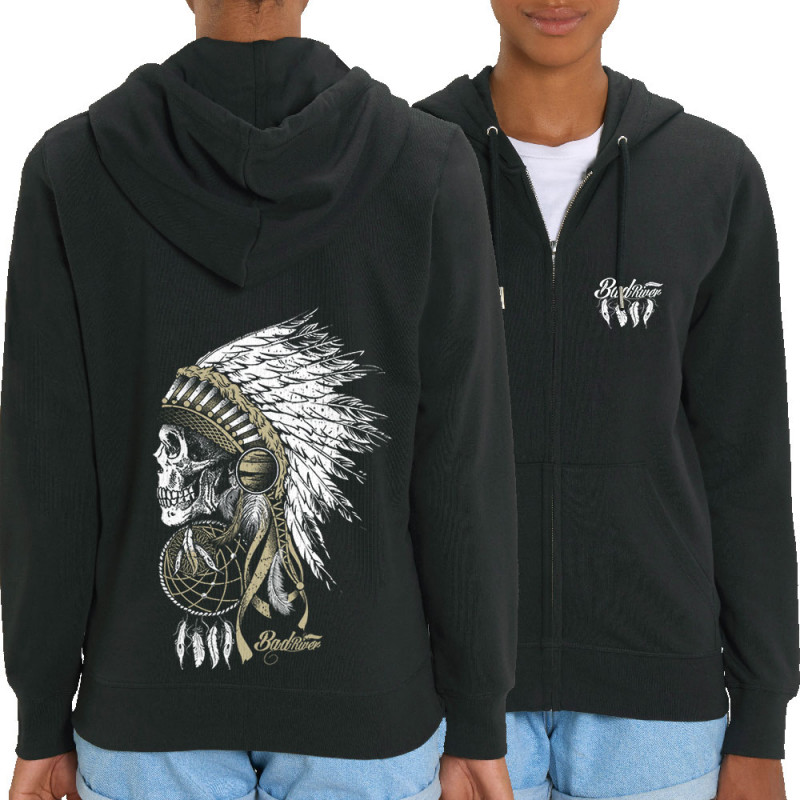 Sweat femme zippé à capuche coton bio noir Bad River - Chief Skull (Simon,Bad River,Ethnique)