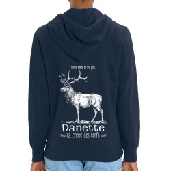 Sweat femme zippé à capuche coton bio bleu marine La crème des cerfs (Gondrax,Les Bébêtes,Animaux)