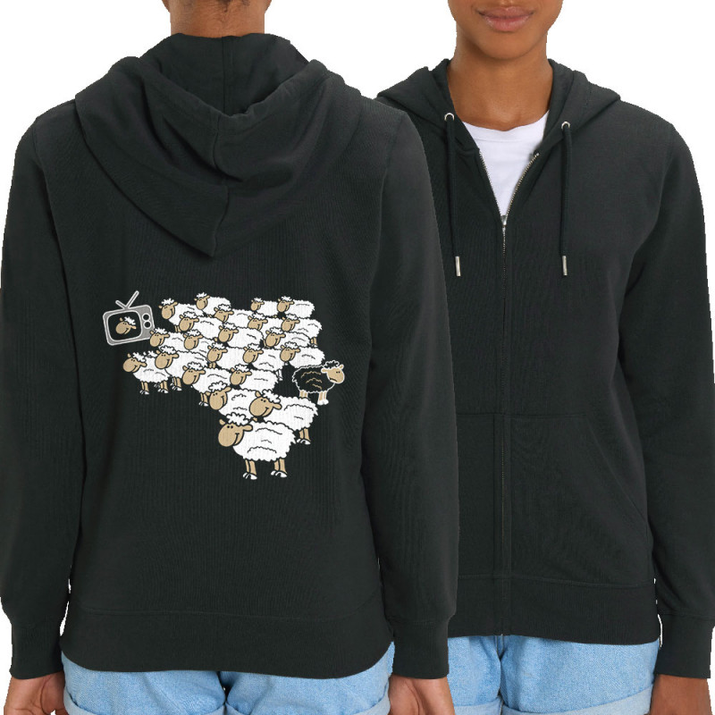 Sweat femme zippé à capuche coton bio noir Moutons (Gondrax,Humour,Slogans engagés,Animaux)