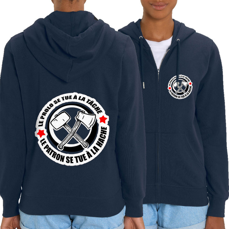 Sweat femme zippé à capuche coton bio bleu marine Le prolo se tue à la tâche (Slogans engagés)