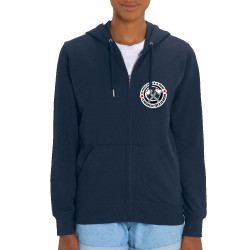 Sweat femme zippé à capuche coton bio bleu marine Le prolo se tue à la tâche (Slogans engagés)