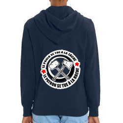 Sweat femme zippé à capuche coton bio bleu marine Le prolo se tue à la tâche (Slogans engagés)