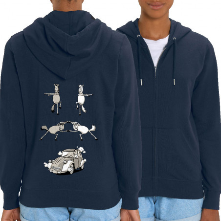 Sweat femme zippé à capuche coton bio bleu marine 2cv Fusion (Mr Mouton,Animaux,Humour)