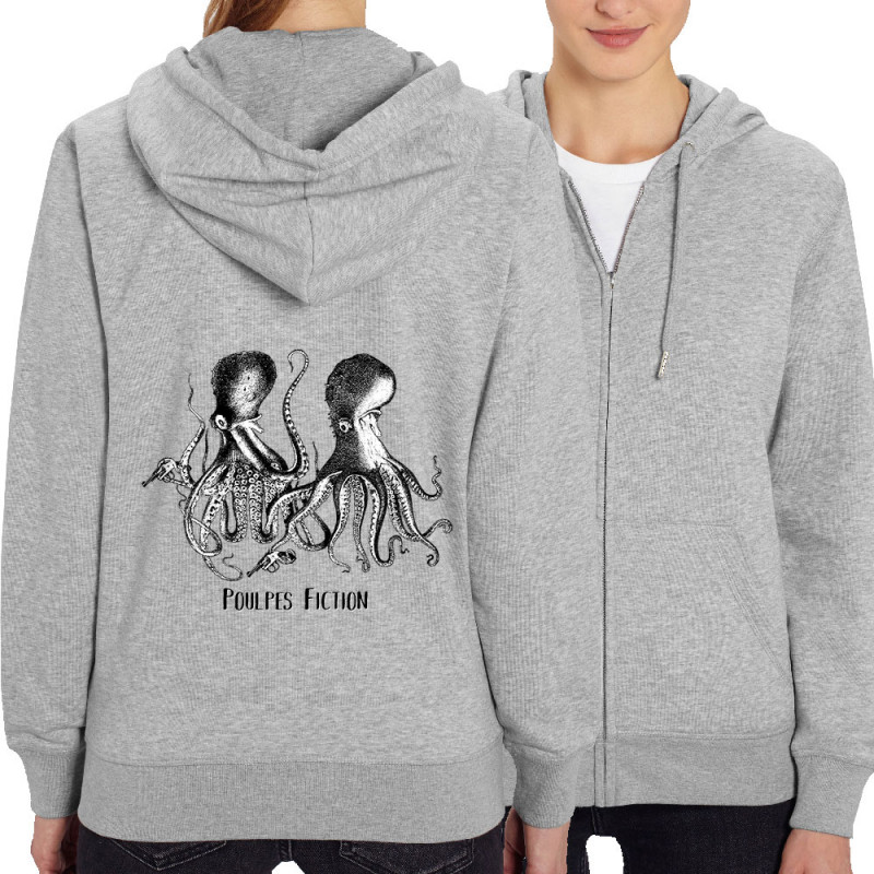 Sweat femme zippé à capuche coton bio gris chiné Poulpes Fiction (Gondrax,Les Bébêtes,Animaux,Films/Séries)