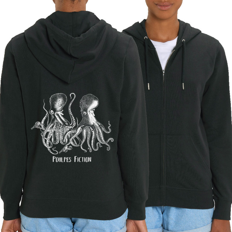 Sweat femme zippé à capuche coton bio noir Poulpes Fiction (Gondrax,Les Bébêtes,Animaux,Films/Séries)