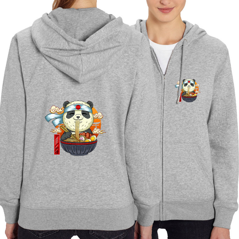Sweat femme zippé à capuche coton bio gris chiné Asian Food Panda (Animaux,Manga Kawaï japan)