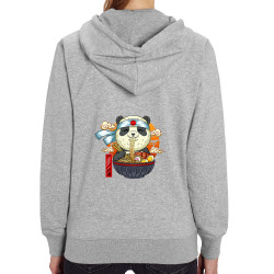 Sweat femme zippé à capuche coton bio gris chiné Asian Food Panda (Animaux,Manga Kawaï japan)