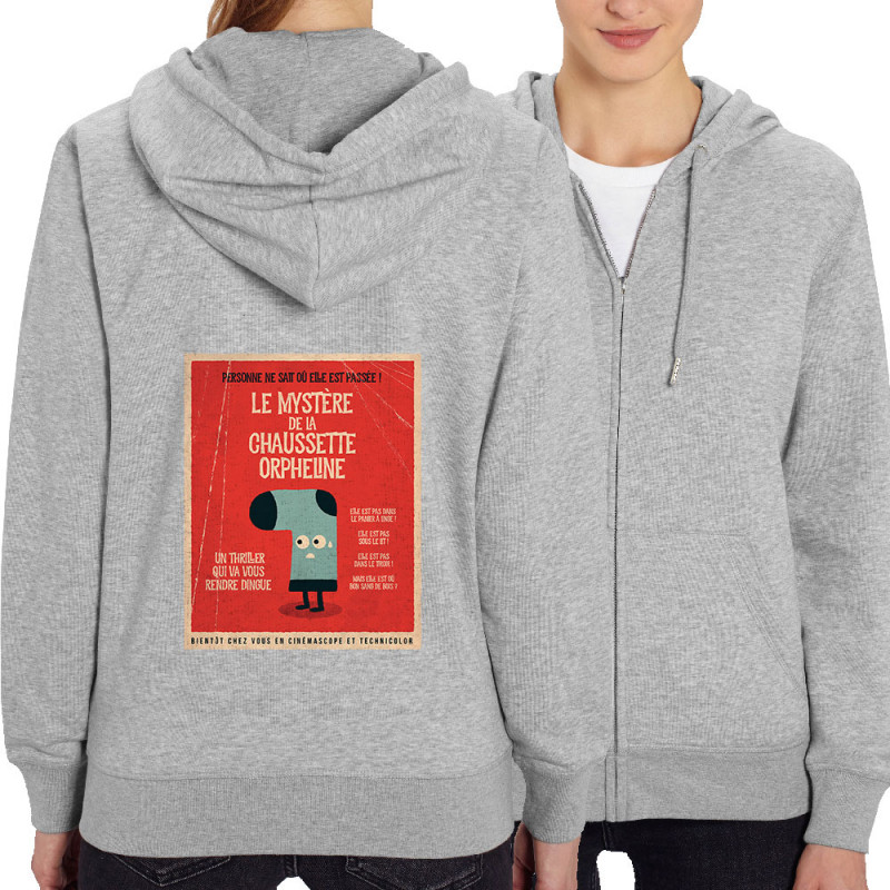 Sweat femme zippé à capuche coton bio gris chiné Le mystère de la chaussette (Alex Kidd,Humour)