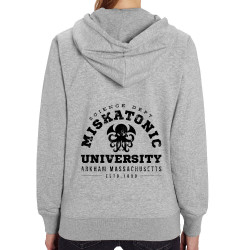 Sweat femme zippé à capuche coton bio gris chiné Miskatonic University (Alex Kidd,Films/Séries)