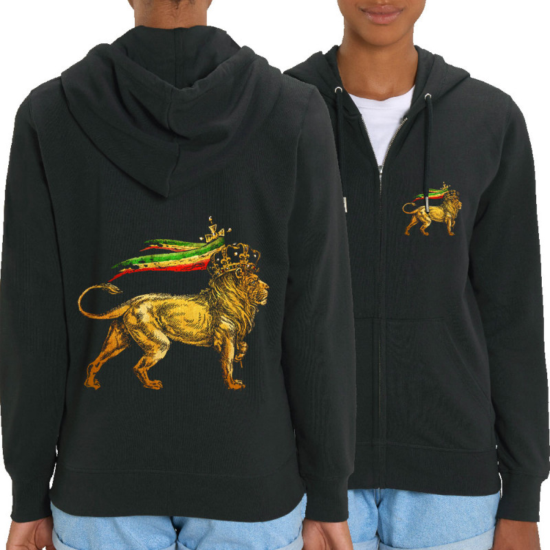 Sweat femme zippé à capuche coton bio noir Rasta Lion (Animaux,Reggae)