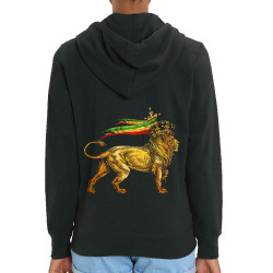 Sweat femme zippé à capuche coton bio noir Rasta Lion (Animaux,Reggae)