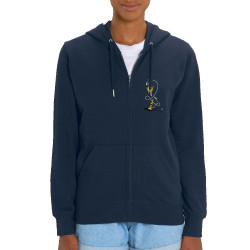 Sweat femme zippé à capuche coton bio bleu marine Bilboquet (Trabe,Humour)