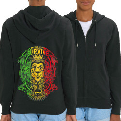 Sweat femme zippé à capuche coton bio noir Only the strong survive (Animaux,Reggae)