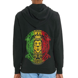 Sweat femme zippé à capuche coton bio noir Only the strong survive (Animaux,Reggae)