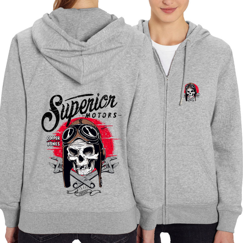 Sweat femme zippé à capuche coton bio gris chiné Copper Bones - Superior Motors (Copper Bones,Moto,Têtes de morts)