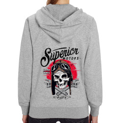 Sweat femme zippé à capuche coton bio gris chiné Copper Bones - Superior Motors (Copper Bones,Moto,Têtes de morts)