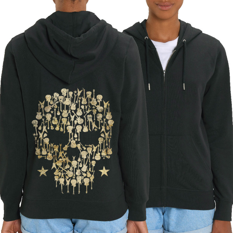 Sweat femme zippé à capuche coton bio noir Skull Guitar (Gondrax,Têtes de morts,Rock & Punk)