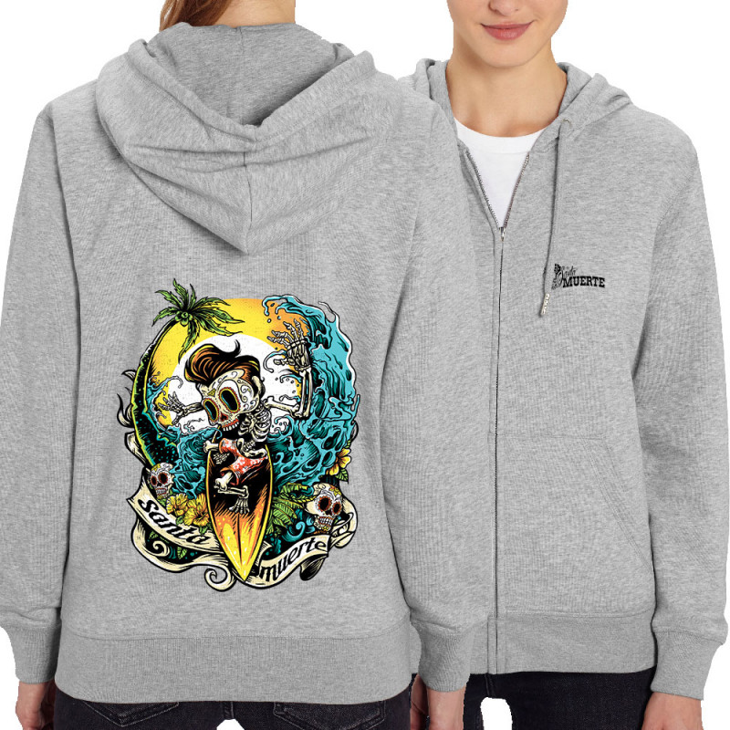 Sweat femme zippé à capuche coton bio gris chiné Santa Muerte - Surfin Skull (Santa Muerte,Têtes de morts,Skate)