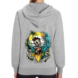 Sweat femme zippé à capuche coton bio gris chiné Santa Muerte - Surfin Skull (Santa Muerte,Têtes de morts,Skate)